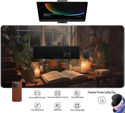 Cute Book Lover Desk Mat Dark Academia Mouse pad XXL Large Extended Mousepad Gaming Desk Pad with Stitched Edges, Cozy Lofi Deskmat Laptop Computer Keyboard and Mouse Mat Decor Pad, 31.5x15.7 in