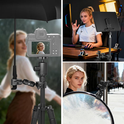 NEEWER Double Super Clamp Mount with Magic Arm, 360° Umbrella Flag Pole Clamp Holder for Desk Photo Studio Light Stand Photography Reflector Scrim Cross Bar Motorcycle Handlebar Stroller Chair, CA160