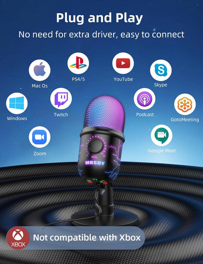 Gaming Microphone, USB Computer Microphone for PC, Mac, PS4/5, Condenser Podcast Mic for Studio Recording, YouTube, Streaming, with Headphone Jack, Led Light, Mute, Gain, Noise Cancellation