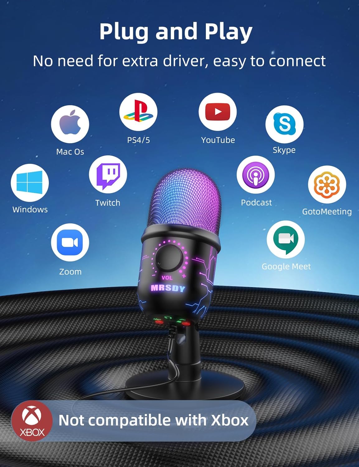 USB Microphone for PC, Mac, PS4, PS5, RGB Computer Microphone with Monitor, Mute and Noise Reduction, Great for Recording, Streaming, Gaming, Podcasting