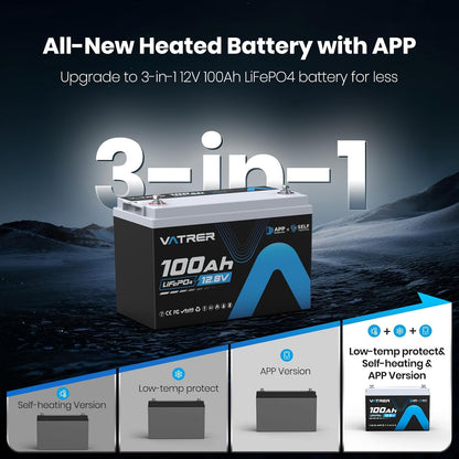 12.8V 100AH Group 31 Bluetooth LiFePO4 Lithium Battery with Self-Heating, Built-in 100A BMS, High/Low Temp Cutoff, Supports Low Temp Charging(-4°F), 5000+ Cycles, Perfect for RV/Camping,Off-Grid,Solar