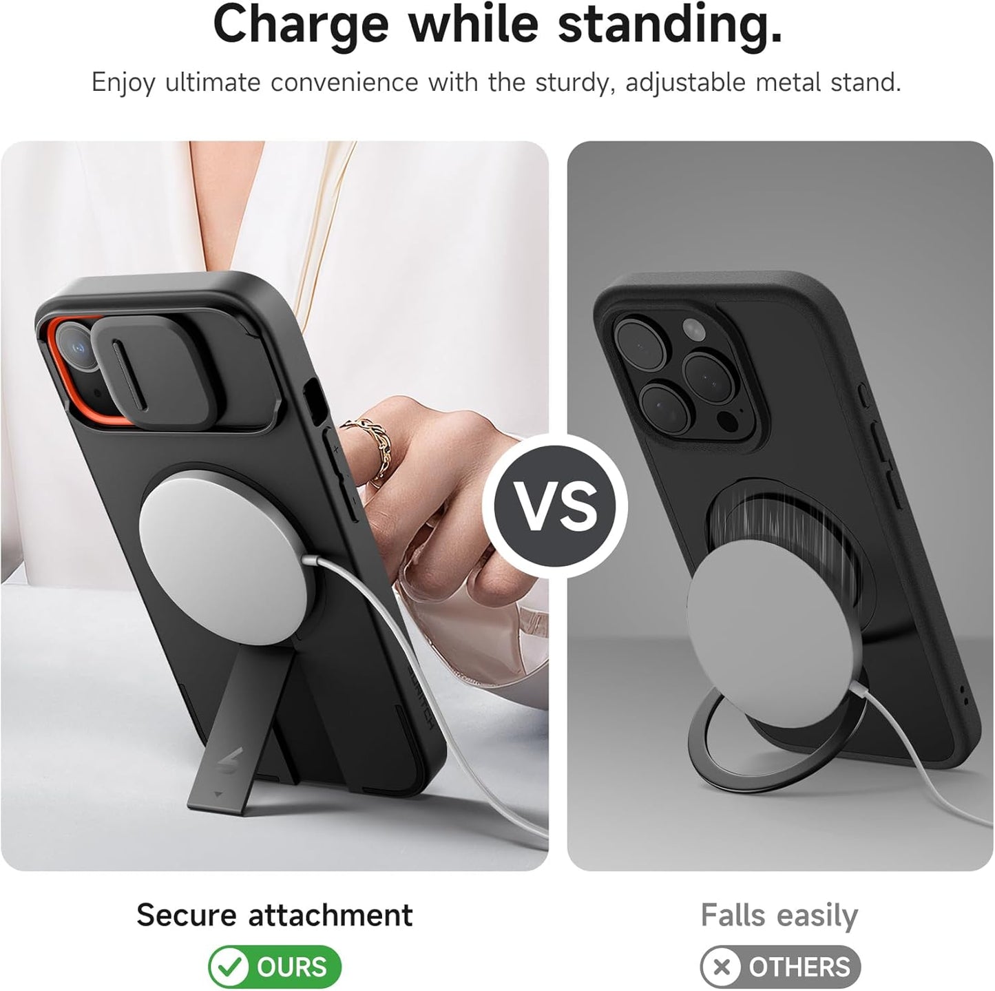 SURITCH for iPhone 15 Case with Magnetic Camera Slide Cover and Adjustable Kickstand, Compatible with MagSafe, Shockproof Bumper Case Slim Protective Cover 6.1 Inch, Black