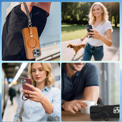 Leather Case, Suitable for iPhone 15 Pro Max Case, Invisible Magnetic Design, Equipped with a Lanyard and Foldable Stand, Black, Yellow and red (Red, iPhone 15 Pro Max)