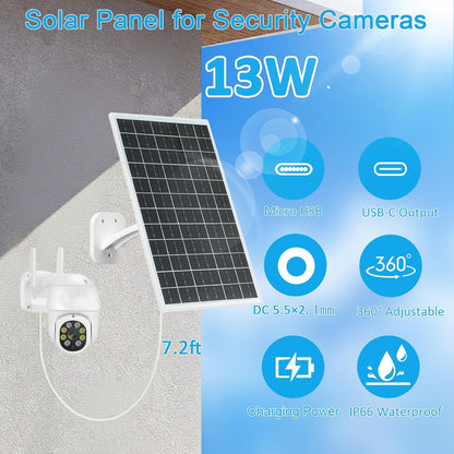 FUTUREZEN 13W Solar Panel for Security Cameras & Trail Cameras, USB-C, Micro USB & 5.5x2.1mm DC Output, IP66 Waterproof, 360° Adjustable Mount, 7.2FT Cable