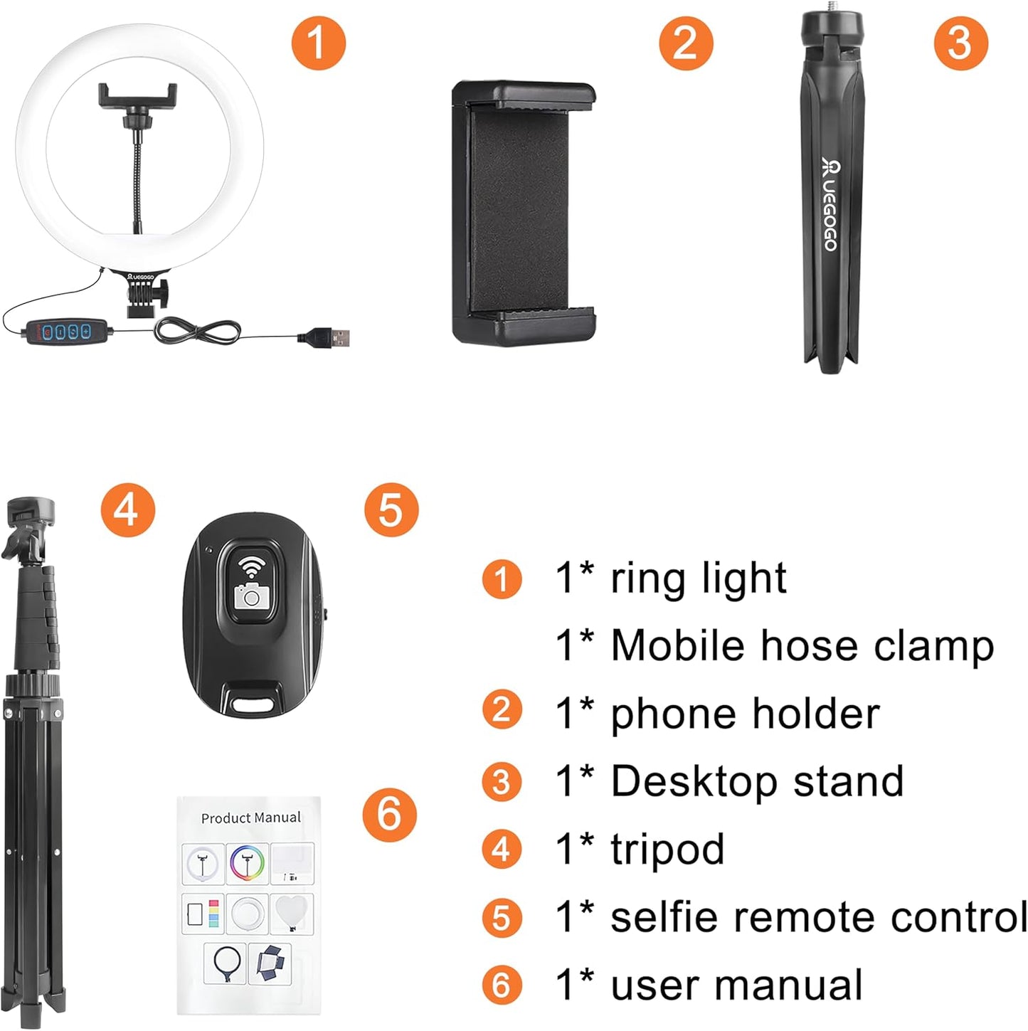 UEGOGO 10'' Ring Light with 72'' Tripod Stand, Dimmable LED Ringlight for Live Stream, Photography, Makeup, Video Recording