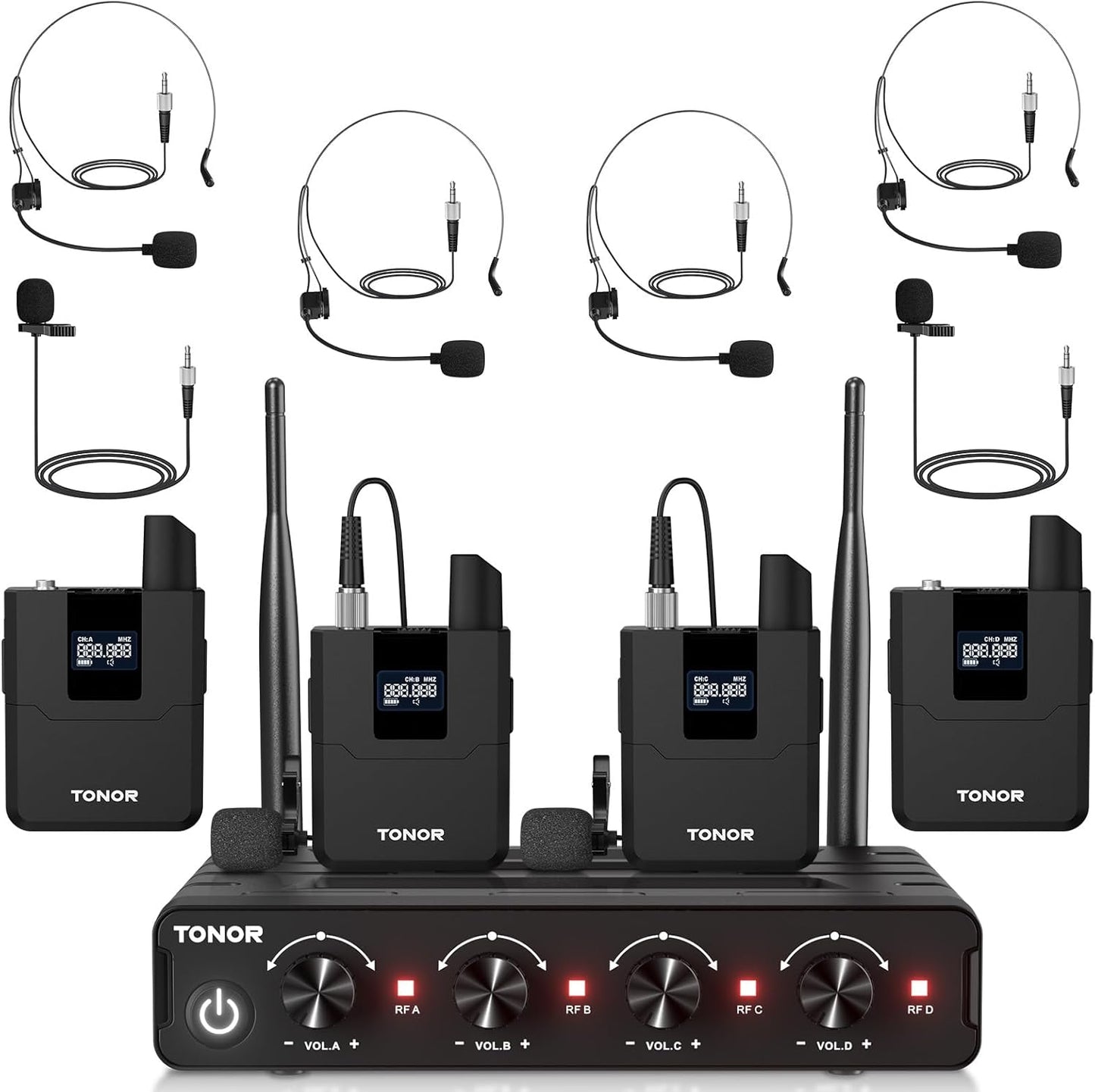 TONOR Wireless Microphones System with UHF Headset/Lavalier Lapel Mics, Bodypack Transmitter, Receiver, 4 * 10 Channels, 200ft Range for Church Conference Performance Singing Karaoke PA Speaker Mixer