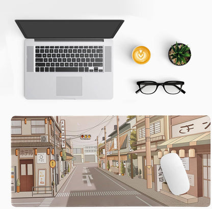 Tokyo Street Mouse Pad Anime Japanese Desk Mat Kawaii Large Gaming Mousepad XL Beige Cute Mousepad Gaming Non-Slip Rubber Base Stitched Edges Keyboard Mouse Mat Desk Pad for Office Home and Game