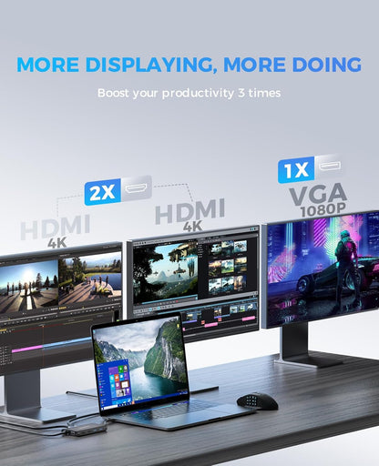 UtechSmart Triple Monitor USB-C Laptop Docking Station - 11-in-1 Dock with 2 HDMI, VGA, PD3.0, SD/TF Card Slot, 4 USB Ports - Compatible with MacBook & Windows (Black)