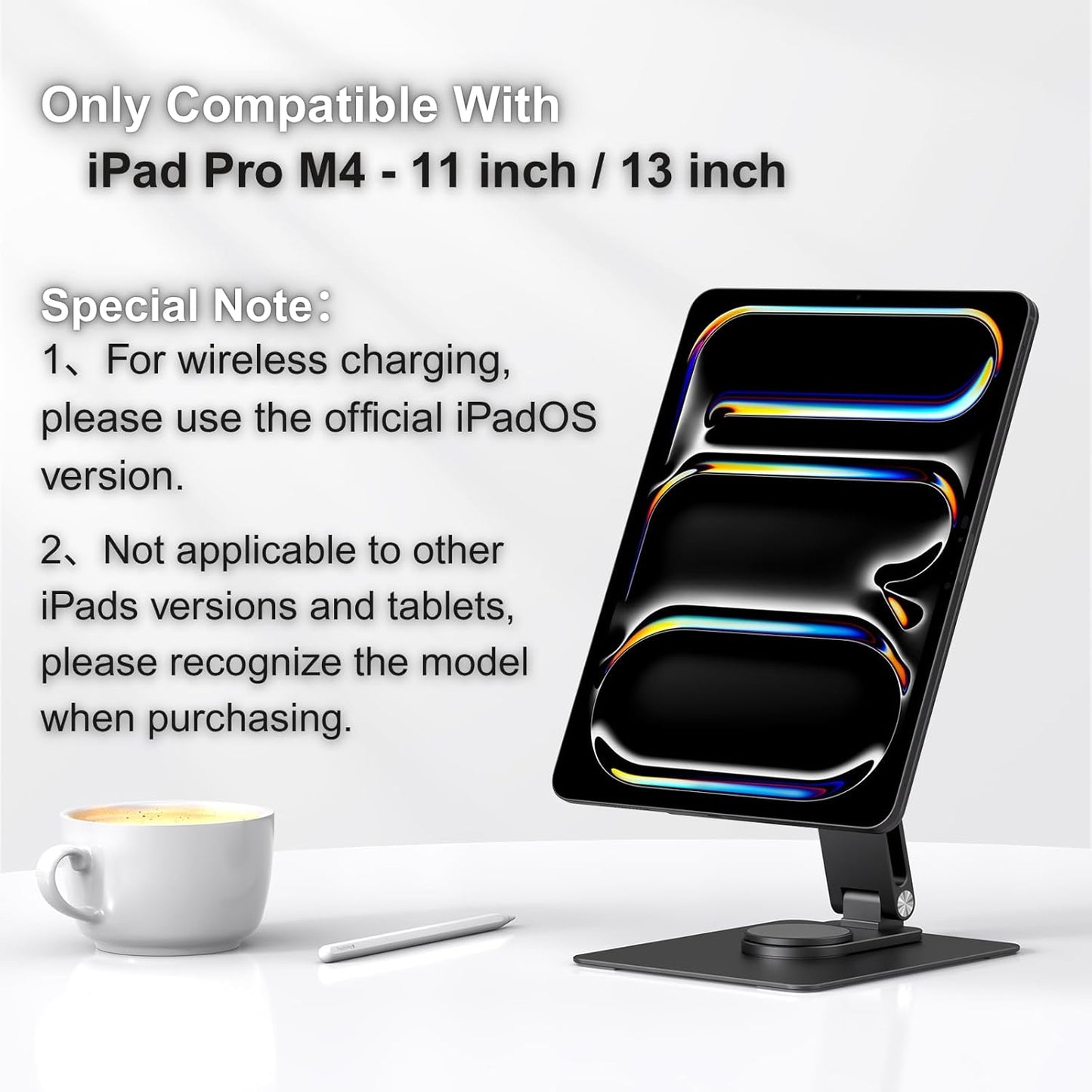Magnetic iPad Pro M4 11-inch Stand with Wireless Charging 18W, 360° Rotating Aluminum Tablet Holder for iPad Pro M4 11-inch, Adjustable Desk Mount Series (M4-11inch)