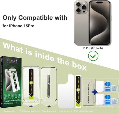 [2-Pack Ultra HD Clear Screen Protector for iPhone 15 Pro (6.1-Inch),9H Tempered Glass,Full Coverage,Anti-Fingerprint,Auto Dust Removal,Bubble-Free,Easy Installation