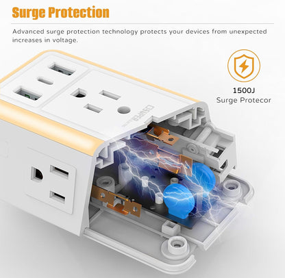 USB Wall Charger Surge Protector, Super Electro 6 Outlet Extender with 3 USB Charging Ports (5V 3.4A Total) and Night Light, 3-Sided 1500J Multi Plug Wall Outlet for Home, Office, ETL Listed