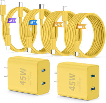iPhone 16 15 Pro Max Charger Fast Charging,45W Dual Port USB C Fast Charger Block [2-Pack] & Extra Long 60W 3/6/10/10FT USB C Cable - PD Quick Adapter 3.0 for iPhone 16 15/16 15Pro/16 15 Plus.