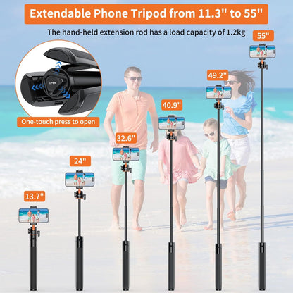 VRIG TP16 Camera Tripod, 55 inch Extendable Phone Selfie Stick Camera Tripod Stand with 2 in 1 Phone Clip, 5 Levels Adjustment 360° Ball Head Loads Up for Pocket 3 Insta360 X5 iPhone Sony Canon