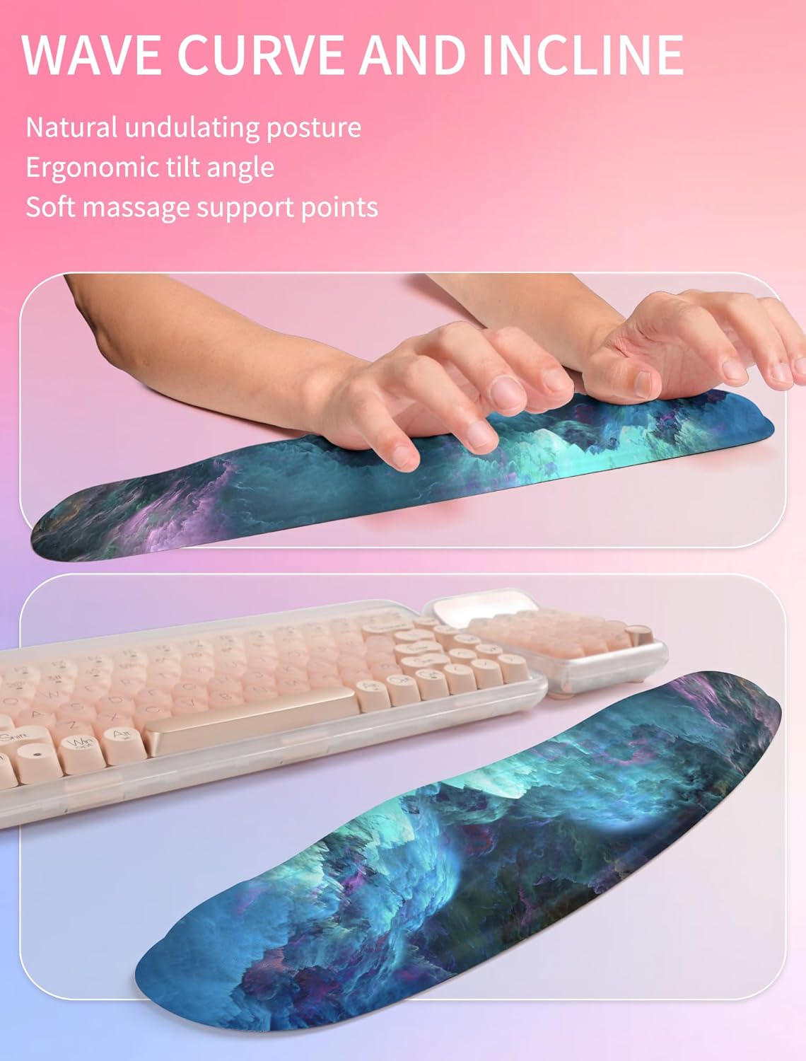 Hokafenle 2in1 Combination, Wave Keyboard Wrist Rest and Ergonomic Curvature Mouse Pad Wrist Support for Relieve Wrist Pain, Filled with Soft Cushion Memory Foam, Nebula Dreamland