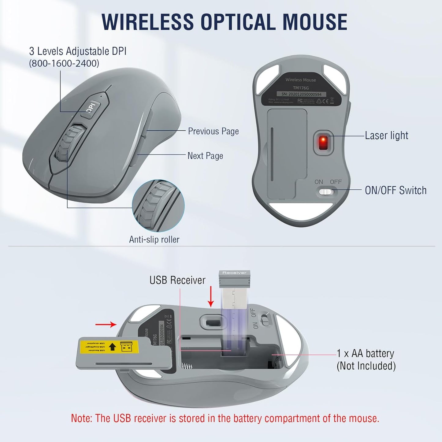 Wireless Keyboard and Mouse Combo, EDJO 2.4G Full-Sized Ergonomic Computer Keyboard with Wrist Rest and 3 Level DPI Adjustable Wireless Mouse for Windows, Mac OS Desktop/Laptop/PC(Grey)