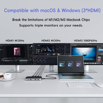 3 HDMI Triple USB C Docking Station, PULWTOP Laptop Docking Station Dual 4K Display for MacBook M1/M2/M3/Windows, Universal USB C Dock with Power Adapter, PD, 10Gbps USBC/A Data,2 USB-A 2.0, Ethernet