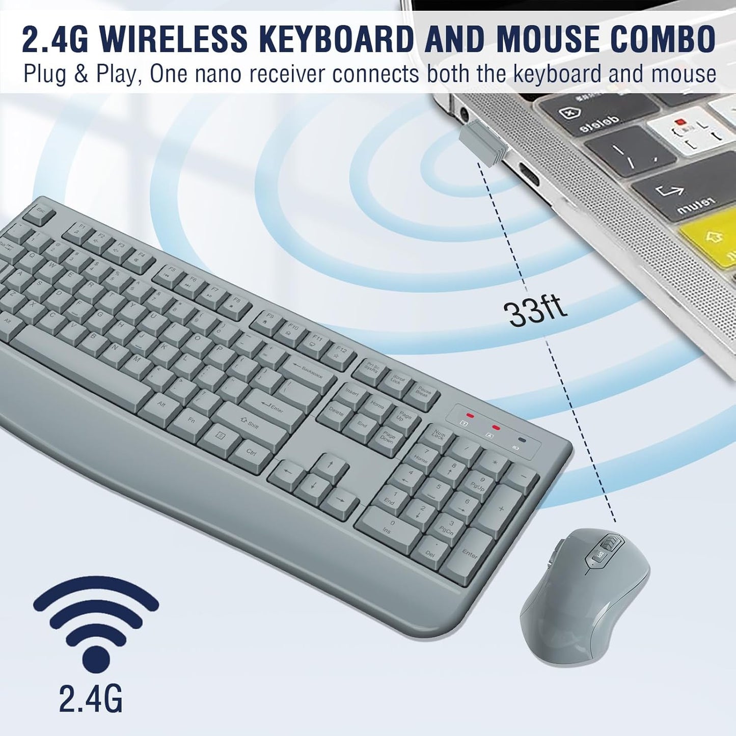 Wireless Keyboard and Mouse Combo, EDJO 2.4G Full-Sized Ergonomic Computer Keyboard with Wrist Rest and 3 Level DPI Adjustable Wireless Mouse for Windows, Mac OS Desktop/Laptop/PC(Grey)