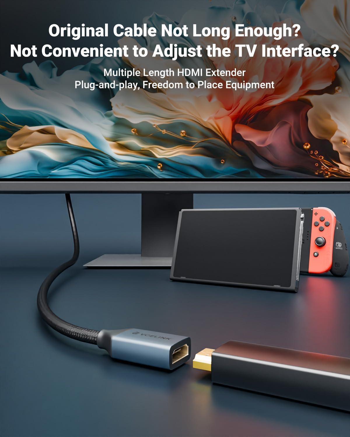 VCELINK 8K Short HDMI Extender Cable 0.6 FT Ideal for Tight Spaces, HDMI Extension Male to Female Adapter, Compatible with Roku TV Stick, HDTV, Game Console, Laptop (1 Pack, 1FT)