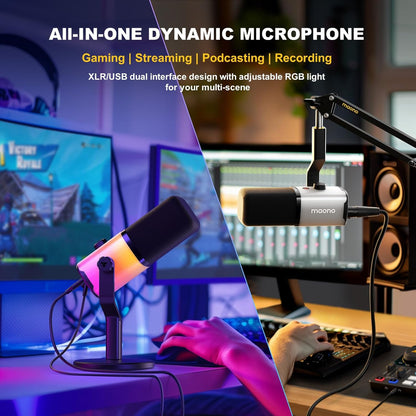 MAONO Dynamic Gaming Microphone: USB/XLR Streaming Mic for PC Podcast Recording, Custom Software, RGB, Mute Button, Gain Knob, 48kHz/24bit Studio Desktop Mic for YouTube Video Creation -PD100X RGB