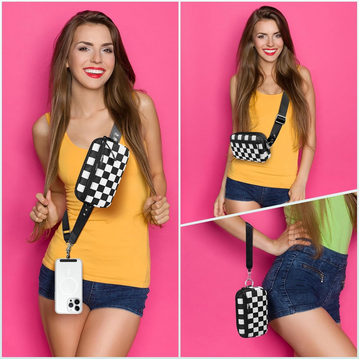 Clip and Go Strap for Phone with Wallet Crossbody, Adjustable Phone Lanyard with Detachable RFID Wristlet Wallet, Phone Strap with Phone Tabs for All Phones, Black Checkered (L)