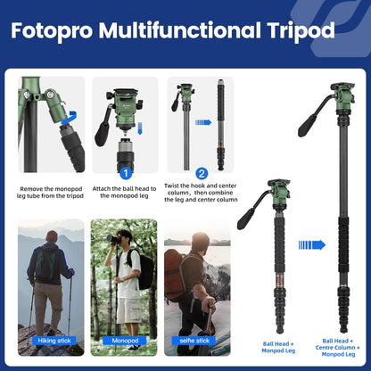 Fotopro 59" Carbon Fiber Travel Tripod, Compact Video Tripods with Fluid Head, Detachable Monopod with Quick Release Plate and Bag, Camera Tripod Load up to 8KG/17.63lbs, Green
