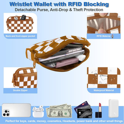 Clip and Go Strap for Phone with Wallet Crossbody, Adjustable Phone Lanyard with Detachable RFID Wristlet Wallet, Phone Strap with Phone Tabs for All Phones, Bronze Checkered (L)