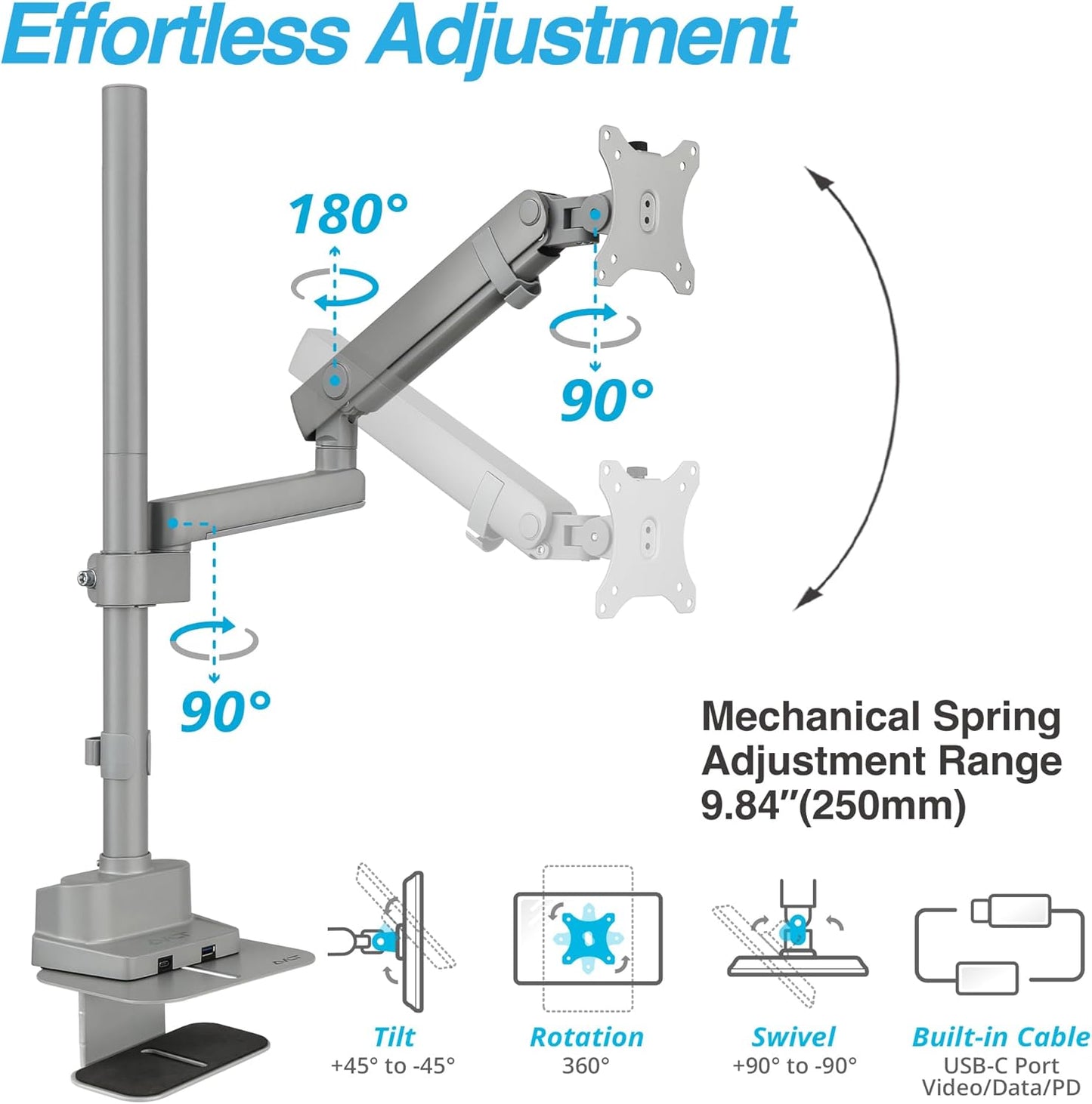 AVLT Single 40 Inch Monitor Arm Pole Top Mount with USB-C USB-A Ports-Gray, Supports 26.4 lbs (12kg), Ultrawide Screen fit, VESA Compatible, Tilt, Swivel, Rotate, Ergonomic Adjustable Height, Durable
