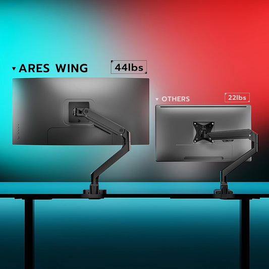 ARES WING Ultrawide Monitor Arm for 17 to 49 Inch Heavy Duty Curved Screen, Holds 44 Lbs, Adjustable Gas Spring Monitor Arm Desk Mount with C Clamp, Grommet Base, 75/100 Vesa Mount, Black
