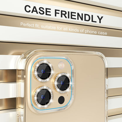 Choiche [3+1 for iPhone 13 Pro/iPhone 13 Pro Max Camera Lens Protector Bling, 9H Tempered Glass Camera Cover Screen Protector Metal Ring Decoration Accessories (Diamond-Gold)