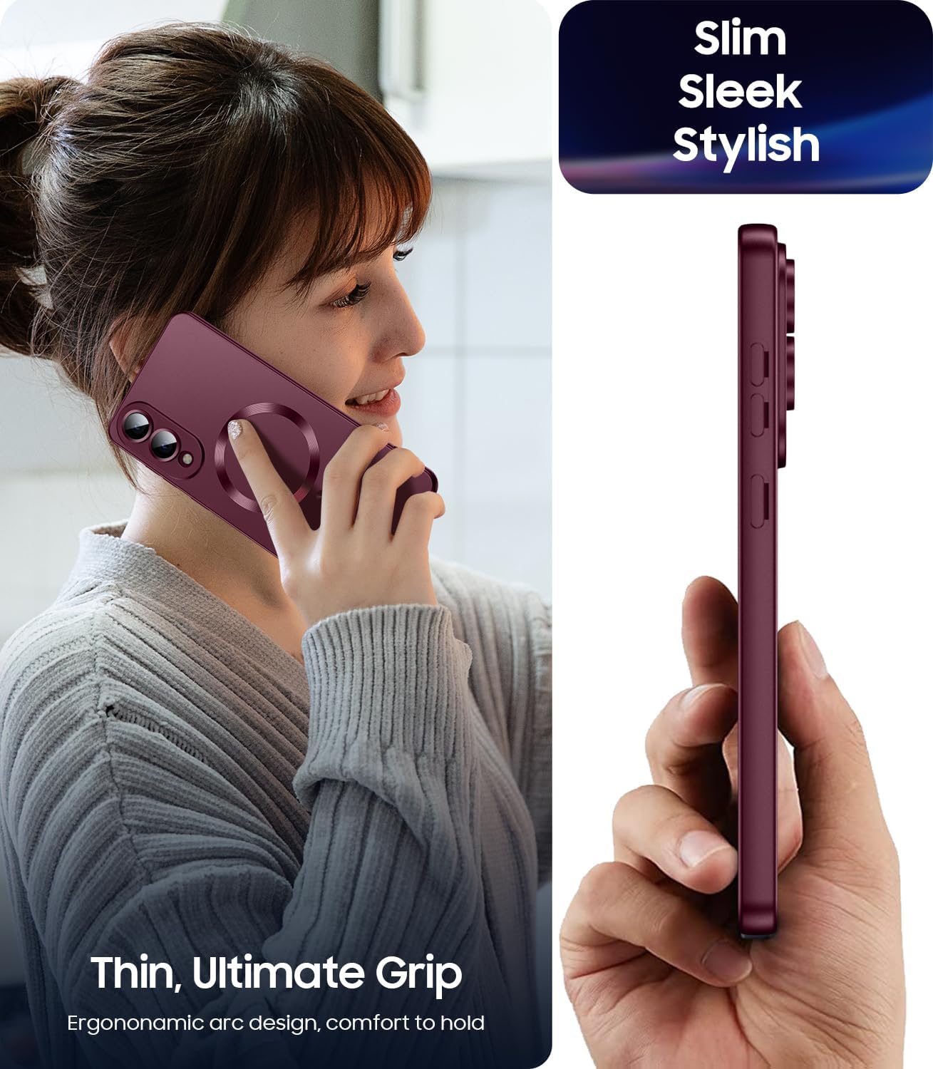 Magnetic for Samsung Galaxy S25 Edge Case [Compatible with MagSafe][Built-in Camera Lens Protector] Slim Soft Silicone Bumper Shockproof Metallic Luster Phone Case (Burgundy)