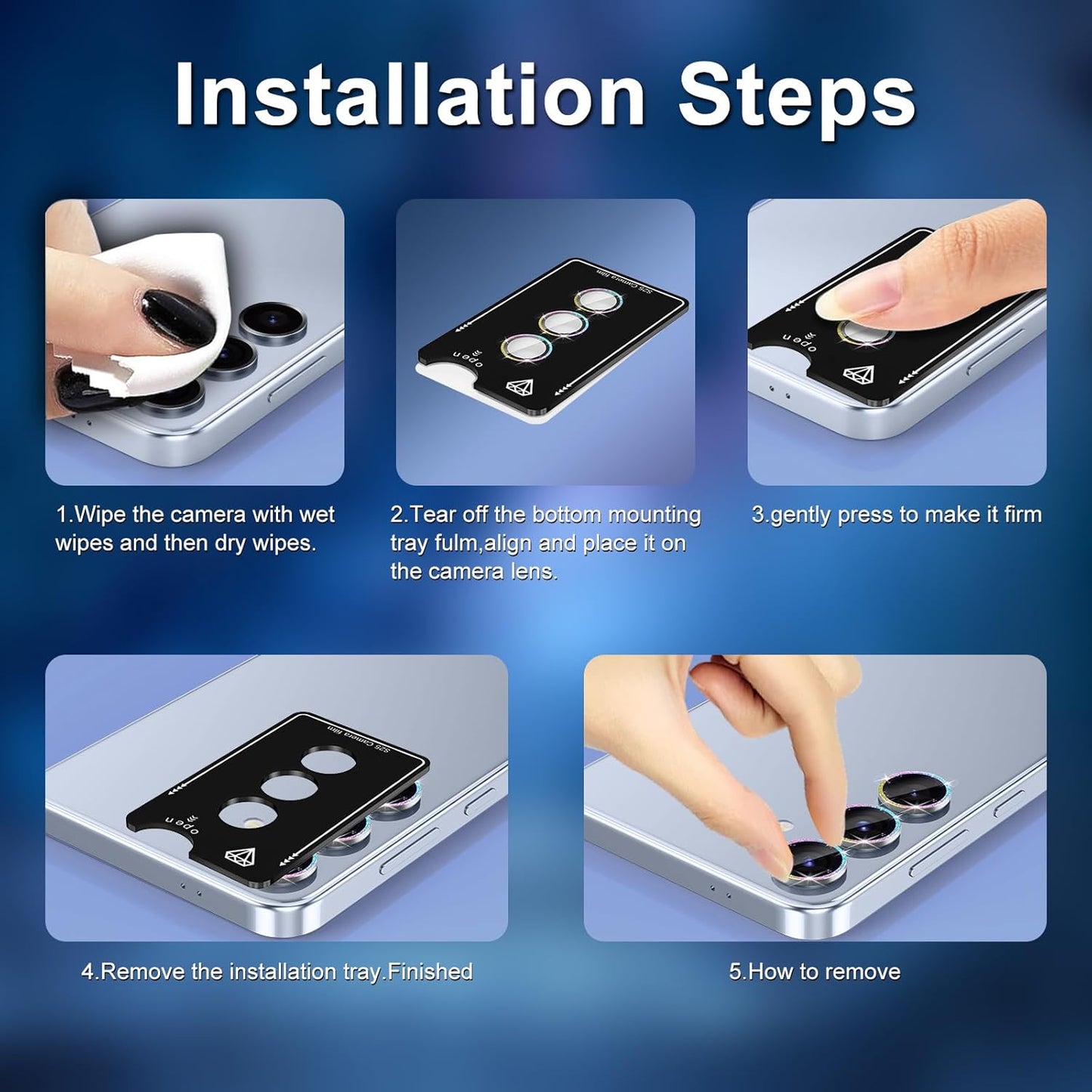 for Samsung Galaxy S25 Camera Lens Protector, Individual Metal Ring Tempered Glass Lens Cover, [Strong Adsorption] Scratch Resistant Ultra-Thin HD Clear Lens Cover, 1 Set-Blue Sparkly