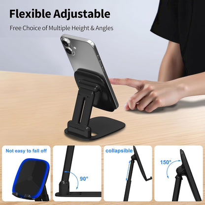 DEERLAMN Cell Phone Stand for Desk, Height Adjustable Cell Phone Holder Portable Desktop Stand, Travel Home Office Desk Accessories Compatible with iPhone 16/15/14/13/12/11 All Smartphone - Black
