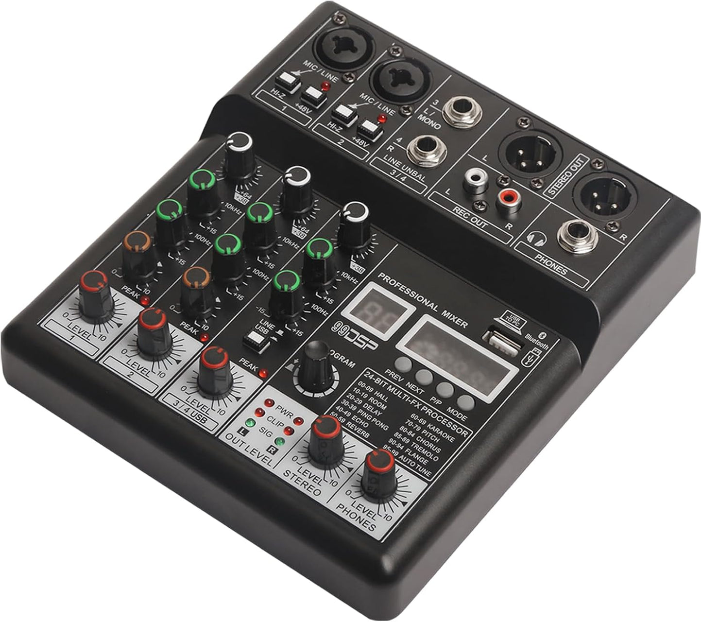 Dj Mixers, 4 Channel Audio Mixer, Sound Board with Bluetooth Player, Usb Audio Interface with 48V Phantom Power, Sounds Mixer Board with 99 DSP FX Reverb Delay Effect