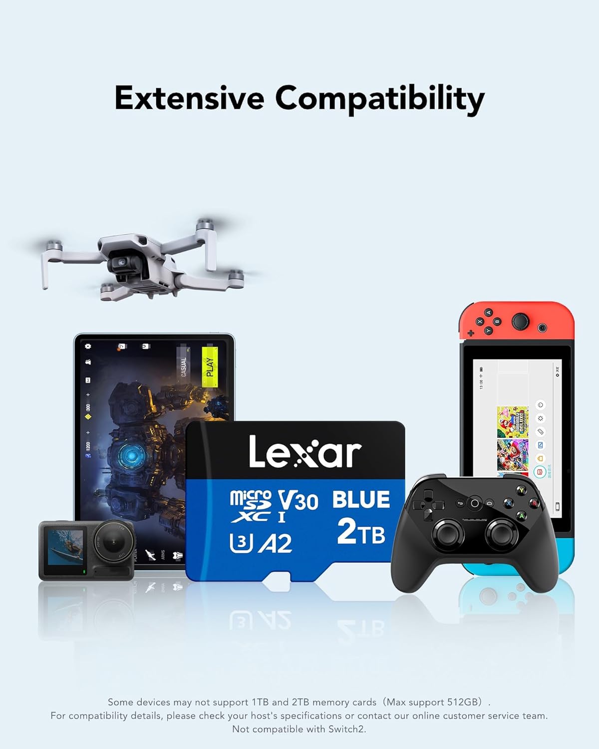Lexar 2TB Blue Micro SD Card Up to 160MB/s, microSDXC UHS-I Memory Card with SD Adapter, C10, U3, A2, V30, Full HD, 4K UHD, High Speed TF Card