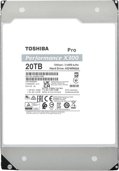 Toshiba X300 PRO 20TB High Workload Performance for Creative Professionals 3.5-Inch Internal Hard Drive – Up to 300 TB/Year Workload Rate CMR SATA 6 Gb/s 7200 RPM 512 MB Cache - HDWR62AXZSTB