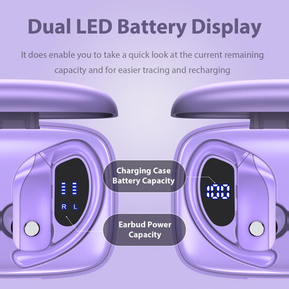 bmanl Wireless Earbuds Bluetooth Headphones 48hrs Play Back Sport Earphones with LED Display Over-Ear Buds with Earhooks Built-in Mic Headset for Workout Purple