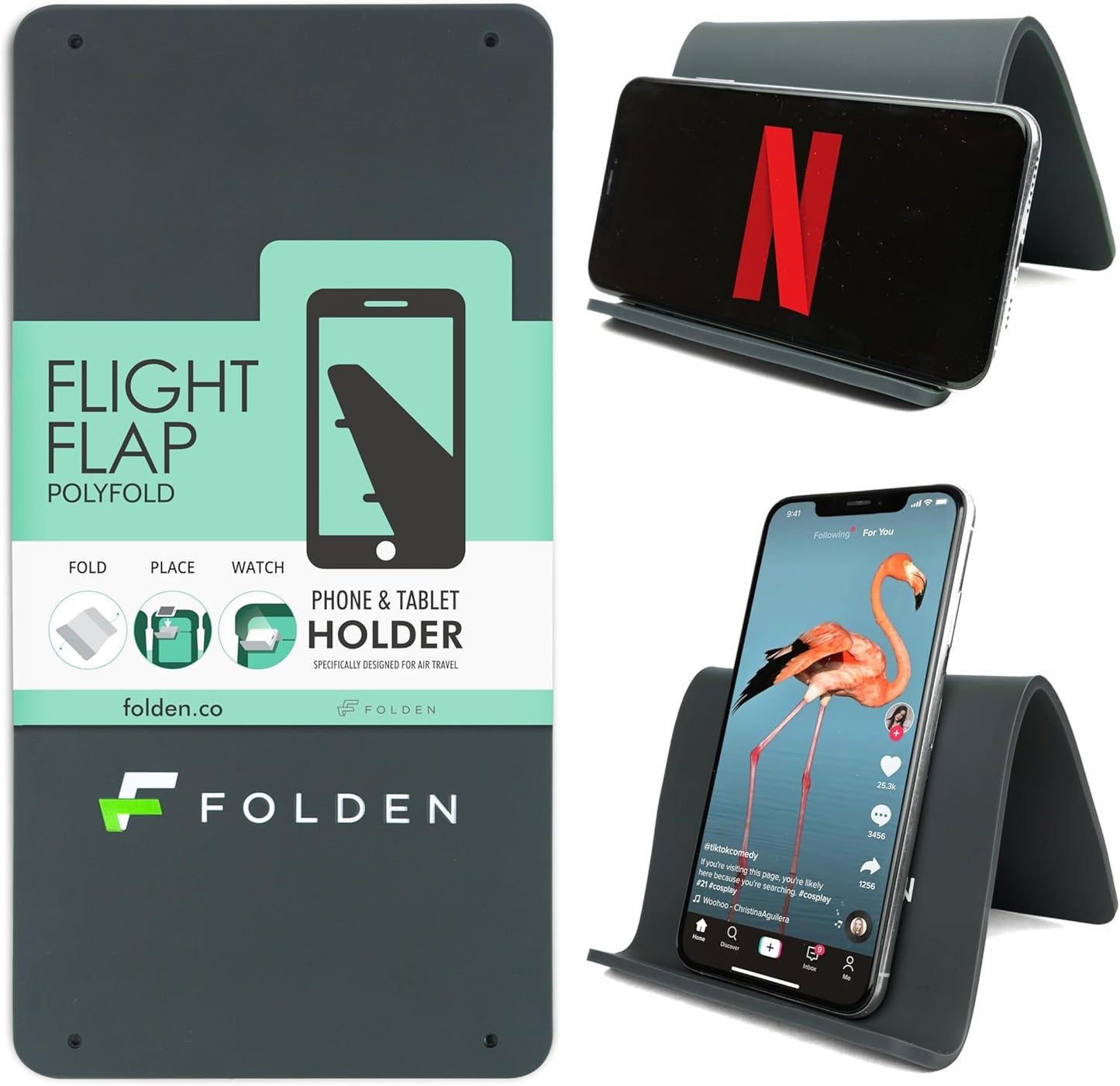 Folden Airplane Phone Holder, Flexible Tablet and Cell Phone Holder, Folding Cellphone Stand for Desk, Bed, Office, Treadmill - Airplane Accessories Long Flight Travel - Plane Essentials (Silicone)