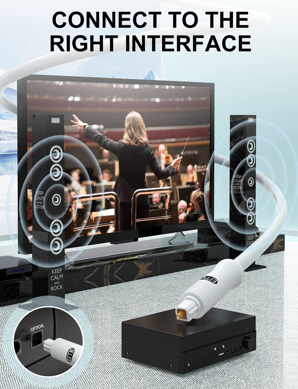 EMK White Optical Audio Cable [10ft/3M] - Digital SPDIF Toslink Fiber Optic Cable for Sound Bar, TV, Home Theater, Blu-ray Player - White, High-Speed, Low-Loss, Gold-Plated Connectors