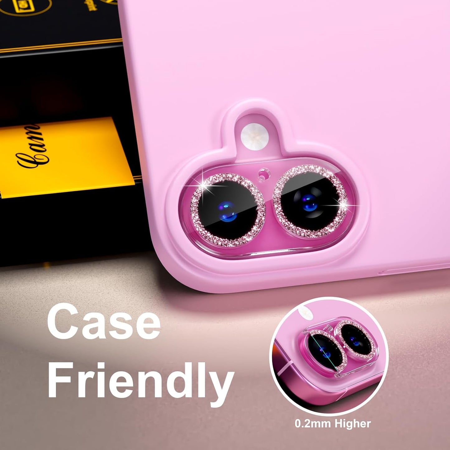 beuxece for 6 Pack iPhone 16 / iPhone 16 Plus Camera Lens Protector [Drop Protection] [Case Friendly] [Easy Installation] 9H Tempered Glass Camera Screen Protector Cover Accessories, Glitter Pink