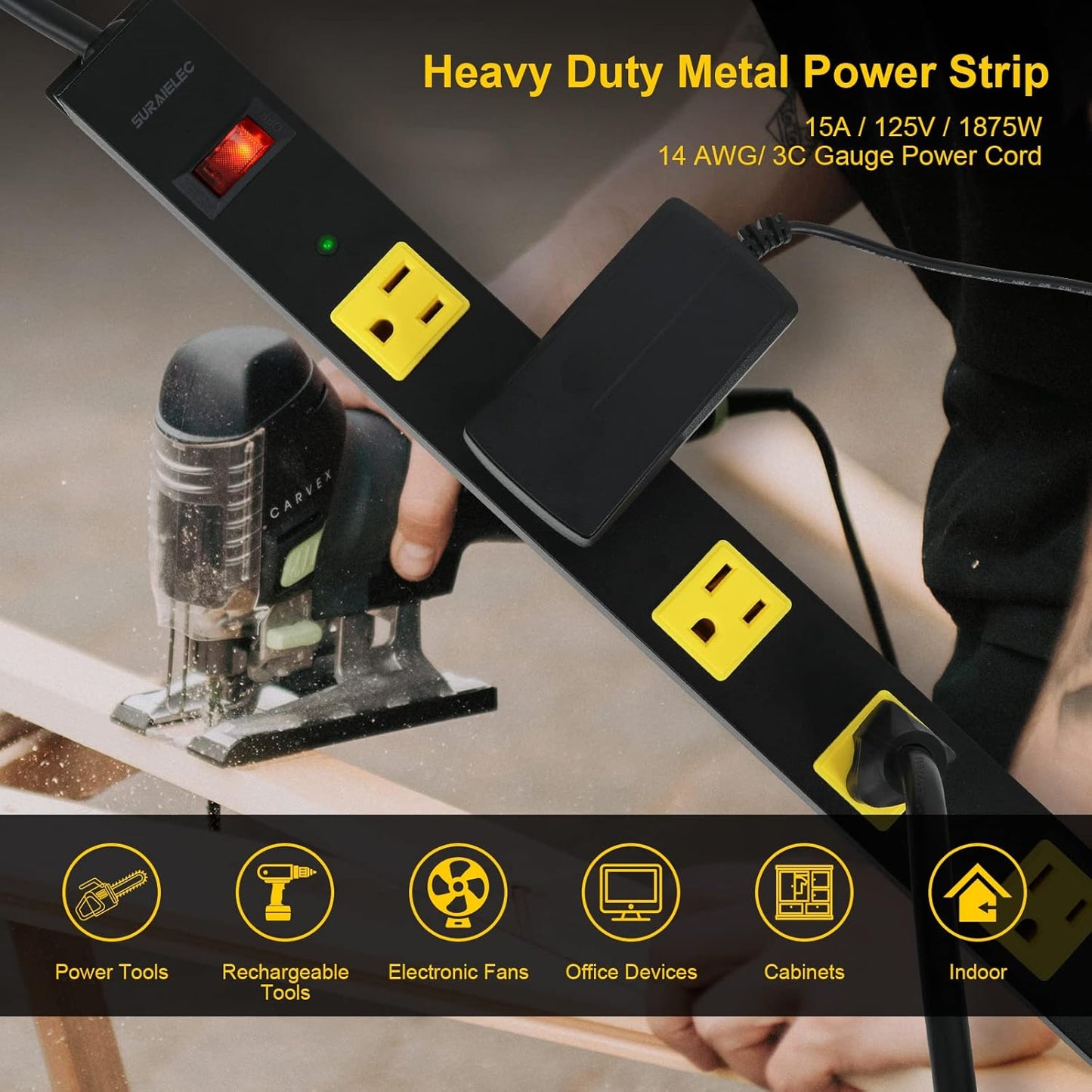 SURAIELEC 12 Outlet Long Metal Power Strip, 15FT Cord Surge Protector, Angled Flat Plug, Wide Spaced Outlet Bar, 15A Breaker, Wall Mountable, Industrial Heavy Duty for Work Bench, Shop, Garage, 2 Pack