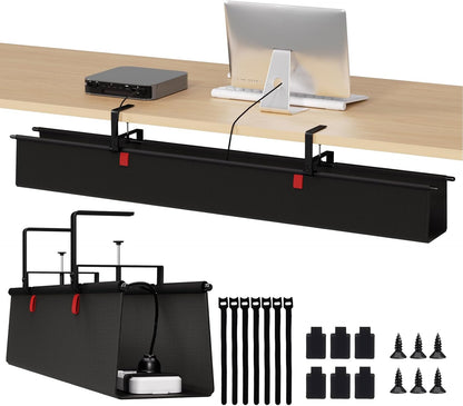 Under Desk Cable Management Tray - 48" Cord Organizer for Desk No Drill, Fabric Under Table Wire Organizer with 16X Cable Ties Hide for Office/Home, Cord Hider Fits Adapters & Sockets, Black