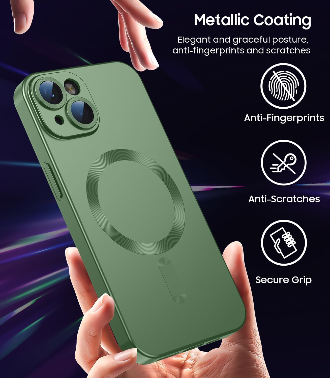 Magnetic for iPhone 13 Case [Compatible with MagSafe][Built-in Camera Lens Protector] Slim Soft Silicone Bumper Shockproof Metallic Luster Phone Case (Green)
