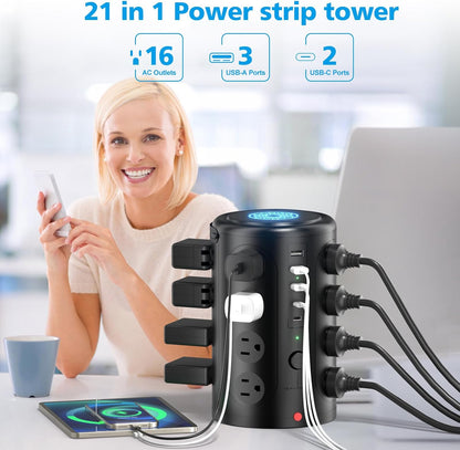 Surge Protector Power Strip - Desk Charging Station with 15W Wireless Charger, Multiple Outlets Charging Station with 16 2300J AC Outlets & 5 USB (2 USB C) Port, for Home, Office, Dorm Room