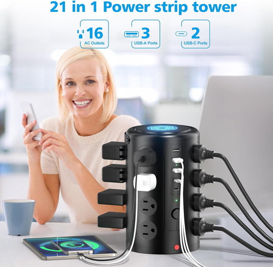Power Strip Tower Surge Protector with 16 Outlets and 5 USB Ports (2 USB-C), 15FT Extension Cord with Multiple Outlets,Heavy Duty Charging Station,Home Office Dorm Room Essentials.