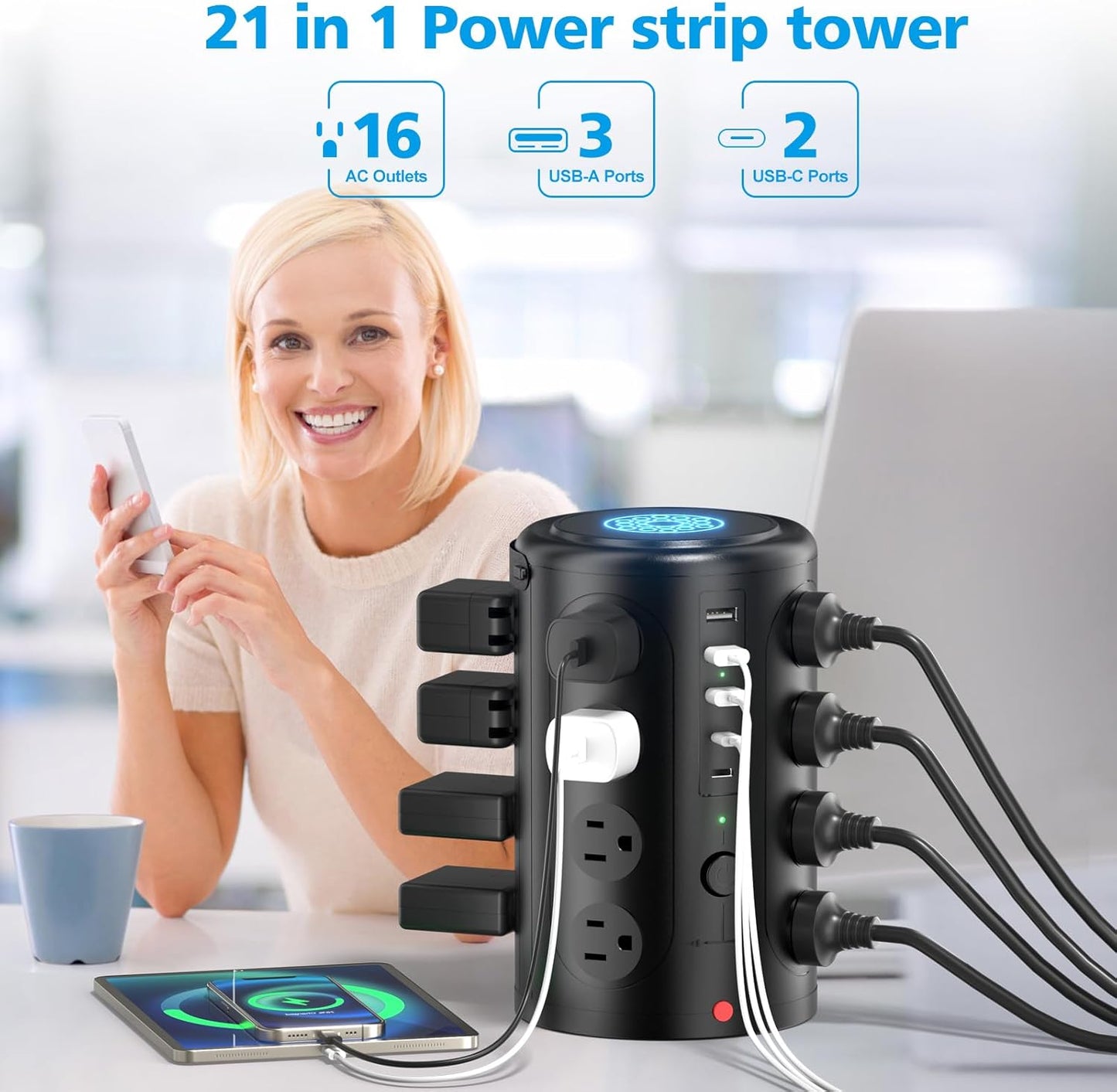 Tower Power Strip with 15W Wireless Charger, 15FT Extension Cord with Multiple Outlets, 16 AC Outlets & 5 USB (2 USB C) Charging Station Surge Protector for Office Home Dorm Room (Black)