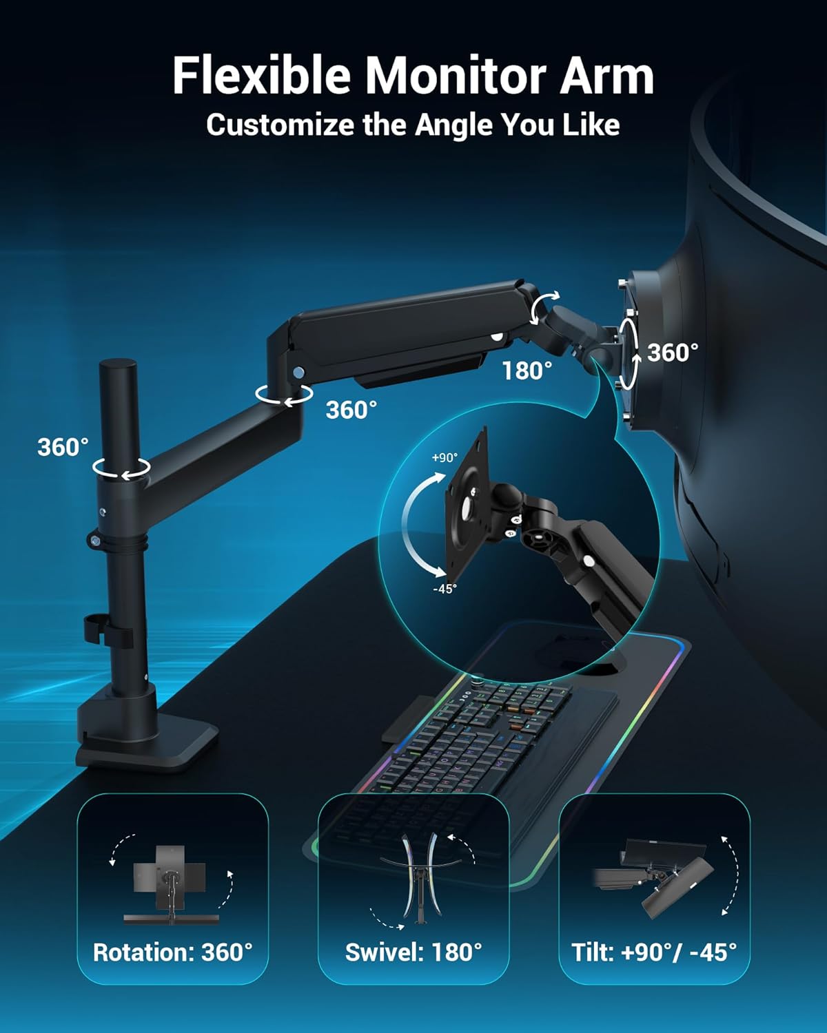 Heavy Duty Monitor Arm for 13-49 Inch Ultrawide Screens, Holds Up to 44lbs, Fully Adjustable Single Monitor Mount, with Clamp & Grommet Base, 75/100mm VESA Desk Mount, Black