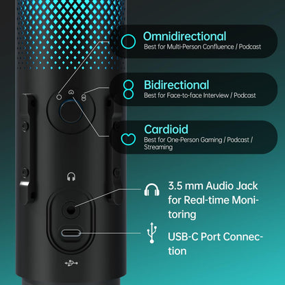 JARO USB Multi-Polar Pattern Condenser Microphone with Mute Noise Cancelation RGB for Podcasting Gaming Streaming YouTube Zoom AMSR Singing Recording [Compatible with PC Laptop Mac PS4/5], J101-CS