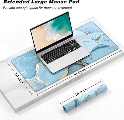 Extended Gaming Mouse Pad, XXL Large Desk Pad 30 x 14 Inch, Big Computer Keyboard Mousepad, Waterproof Mouse Mat with Stitched Edges and Non-Slip Base for Women Office Gaming, Blue Marble