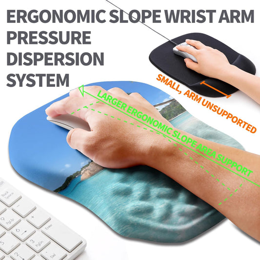 Ergonomic Slope Mouse Pad Wrist Support, Wrist Rest Mousepad for Carpal Tunnel Pain Relief with Massage Bulge and Slow Rebound Memory Foam (12x8 inch, Beach Coconut Trees)