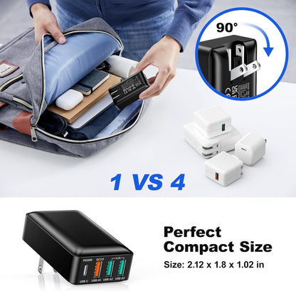 USB C Wall Charger 40W, Excgood 4Port USB Charging Block Flat Foladable Wall Plug PD+QC Power Adapter Multiports for iPhone 16 15 Pro Max 14 13 XR iPad Galaxy S24 S23 Watch Air-Pods -3Pack